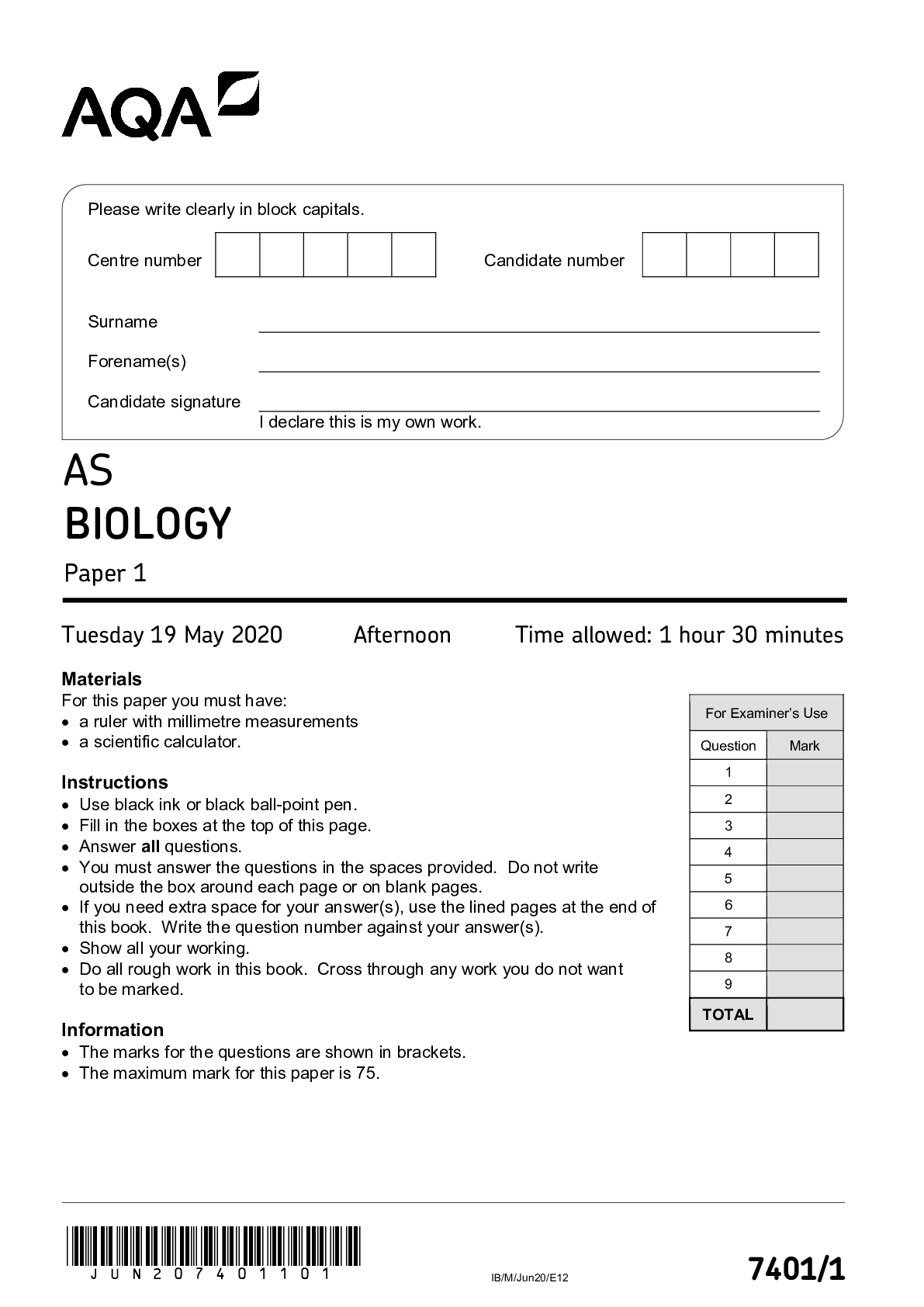 Preview image for AQA AS BIOLOGY Paper 1. 7401/1. May 2020 & MARK SCHEME – AS BIOLOGY – 7401/1 – JUNE 2020. -Mark Scheme starts On pg 29.